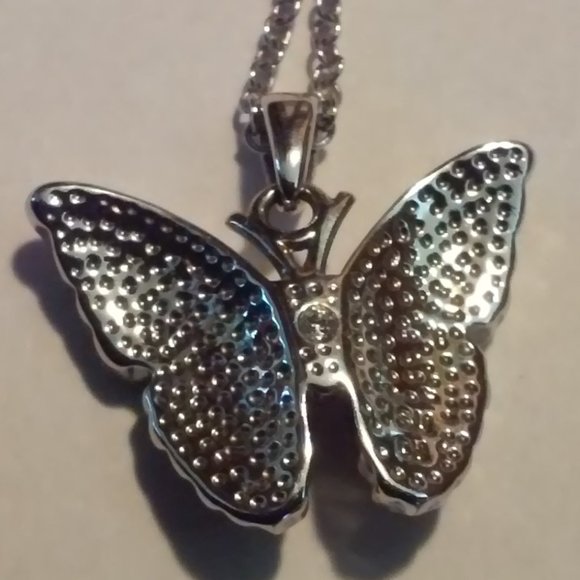 Silver Butterfly Necklace Stones Pink Burgundy 2 Shades Of Purple Hangs 9 1/2" N - Picture 4 of 4